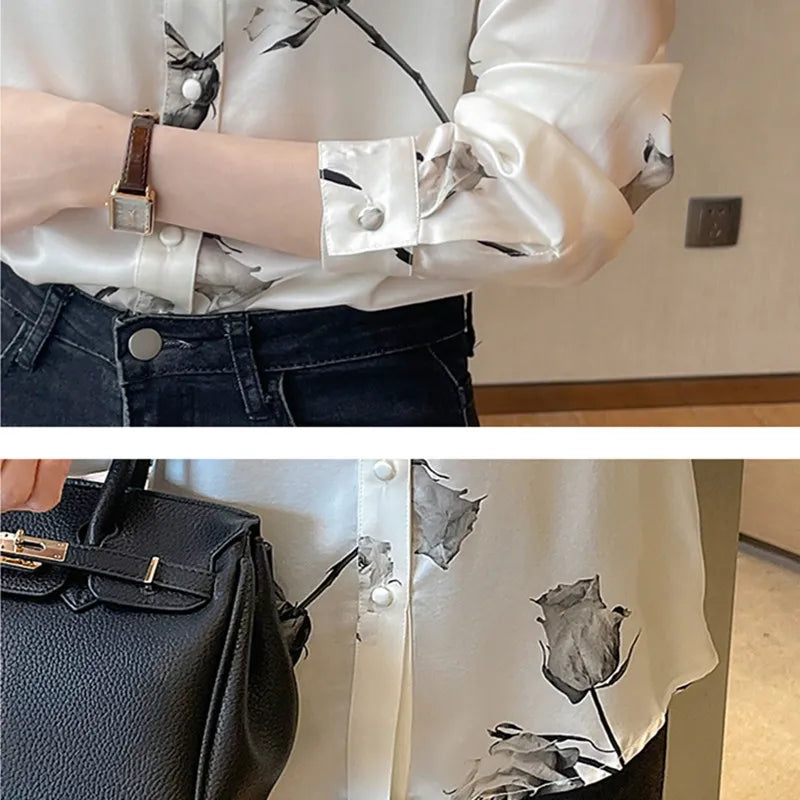Korean Silk Women Shirts Woman Satin Floral Blouses Shirt OL Silk Print Shirts Ladies Tops 2022 Fashion Satin Women Clothing