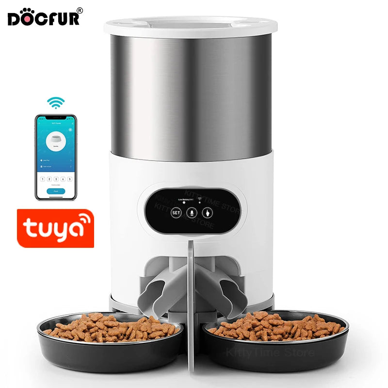 Automatic Cat Feeder Pets Dry Food Dispenser Double Bowls for Two Cats Dogs with Wifi Timing Feeding Voice Recorder Tuya APP