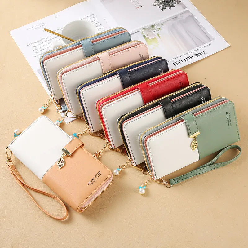 Fashion PU Leather Women Long Zipper Wallets Large Capacity Female Coin Money Purses Bag ID Card Holder Leaf Pendant Hasp Clutch