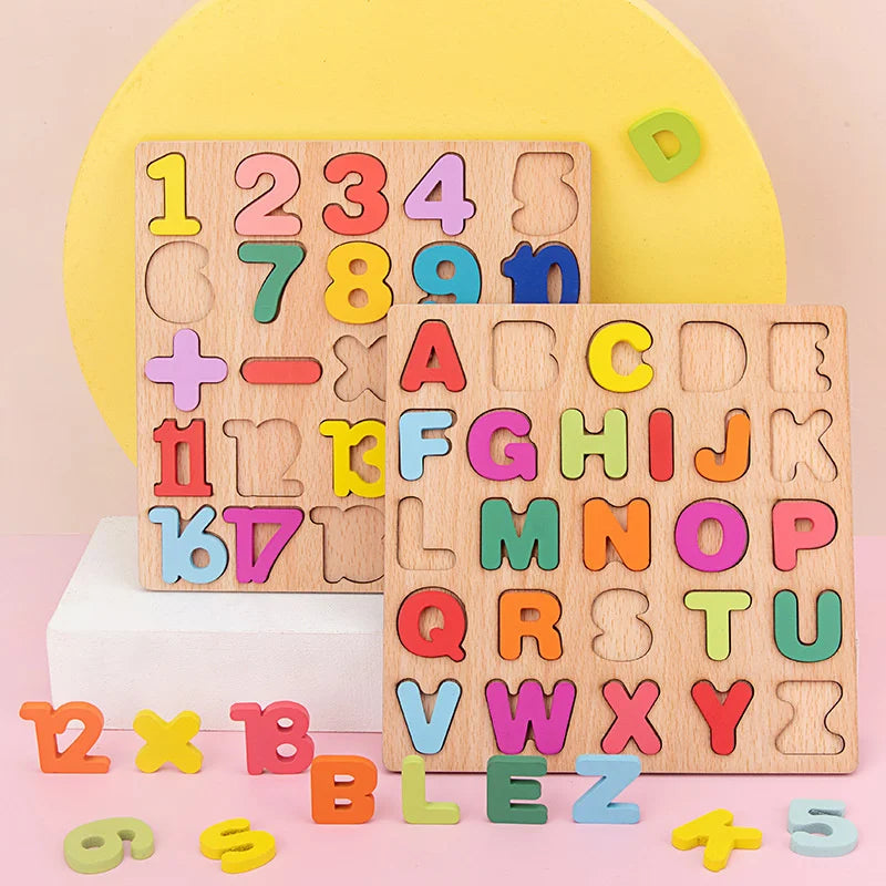 20CM Baby Toys Wooden Puzzle Alphabet Number Shape Matching 3D Puzzle Board Game Wooden Montessori Toys for Children Gifts
