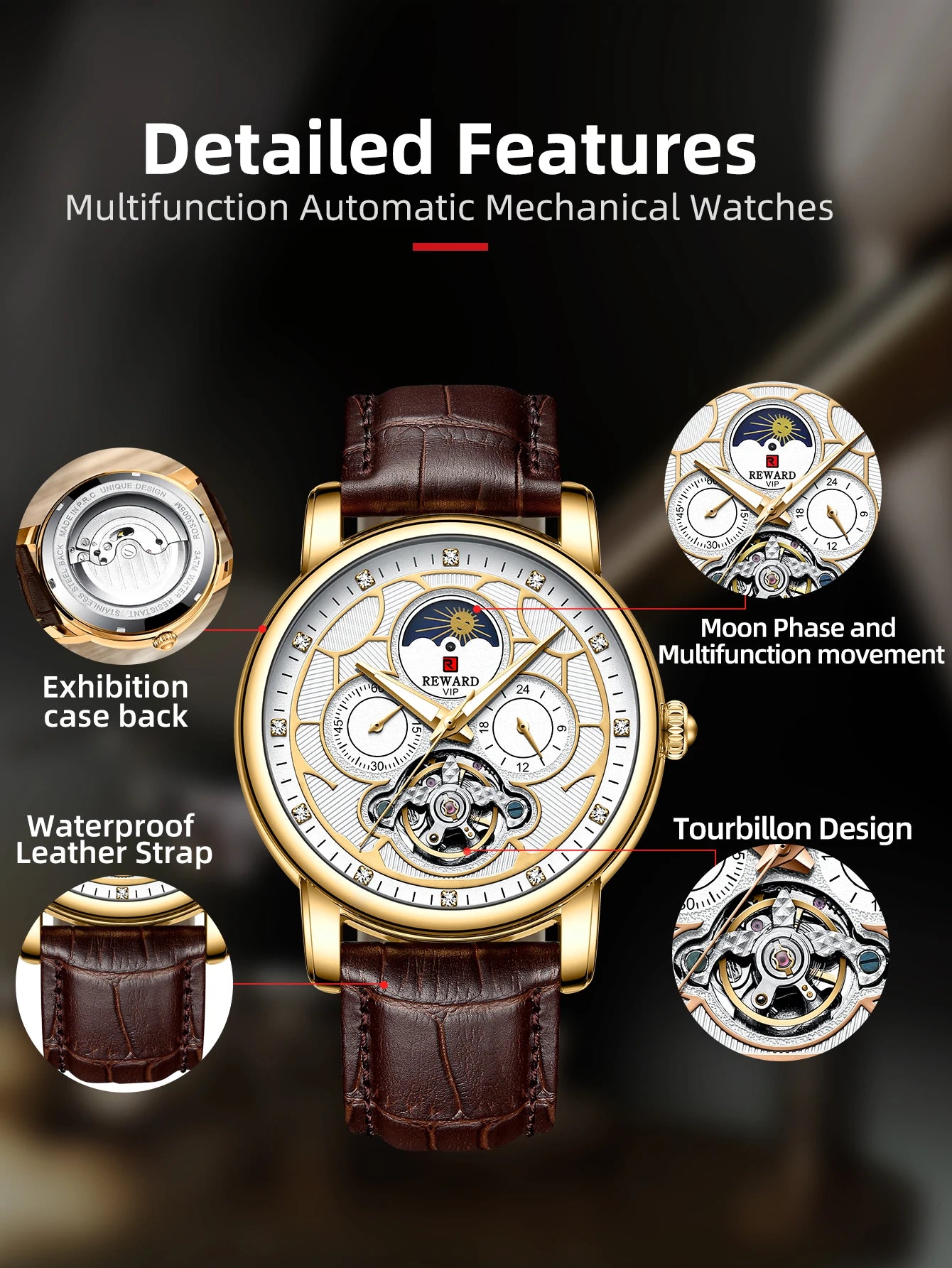 Men Dress Watch Automatic Mechanical Wristwatch Genuine Leather Luminous Tourbillon Wrist Watches Gift for Father Husband