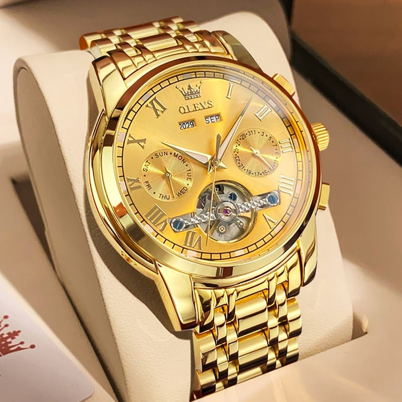 OLEVS Men'S Watches Automatic Mechanical Business Wristwatch Waterproof Stainless Steel Strap Watch for Man Skeleton Calendar