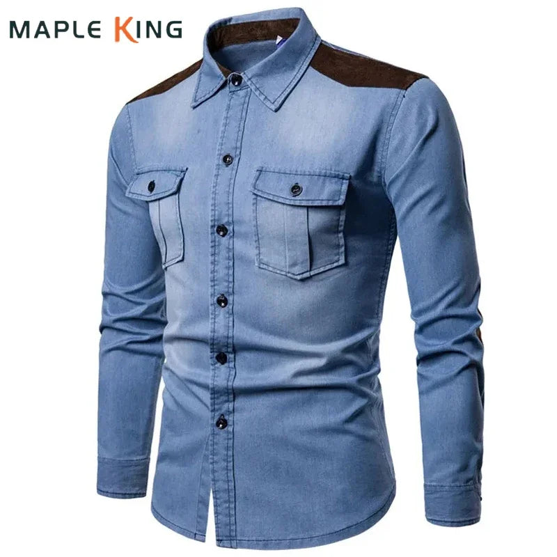 Denim Shirt Men 2018 Long Sleeve Men Casual Cotton Jeans Shirt Slim Suede Matching Mens Solid Pocket Shirts Tops Chemise Homme