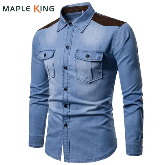 Denim Shirt Men 2018 Long Sleeve Men Casual Cotton Jeans Shirt Slim Suede Matching Mens Solid Pocket Shirts Tops Chemise Homme