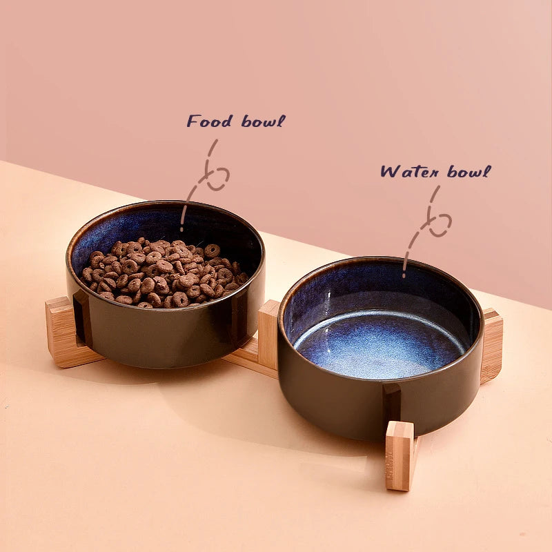 Double Cat Bowl Starry Ceramic Dog Food and Water Bowls Kitten Puppy Feeder with Wood Stand Durable Safe round Pet Feeding Bowl