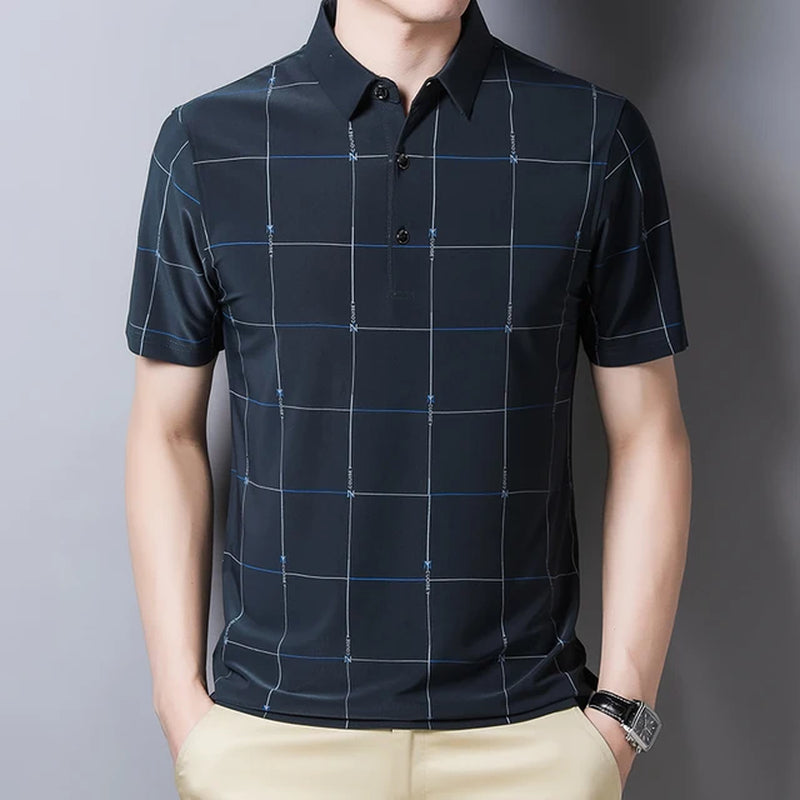New Graphic T-Shirt Men Summer Business Short Sleeved T-Shirt Casual Loose Plaid Turn-Down Collar T Shirts for Men