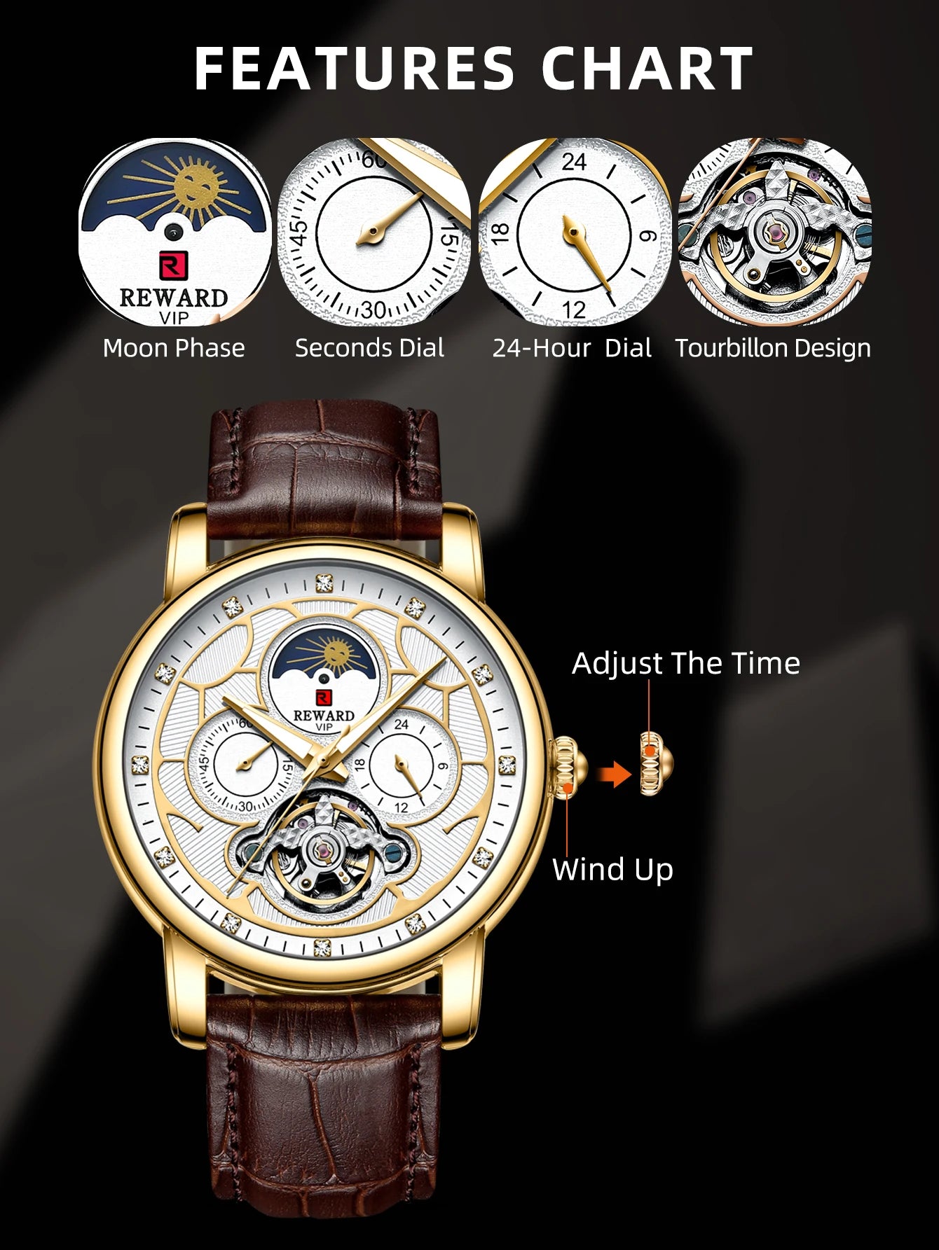 Men Dress Watch Automatic Mechanical Wristwatch Genuine Leather Luminous Tourbillon Wrist Watches Gift for Father Husband