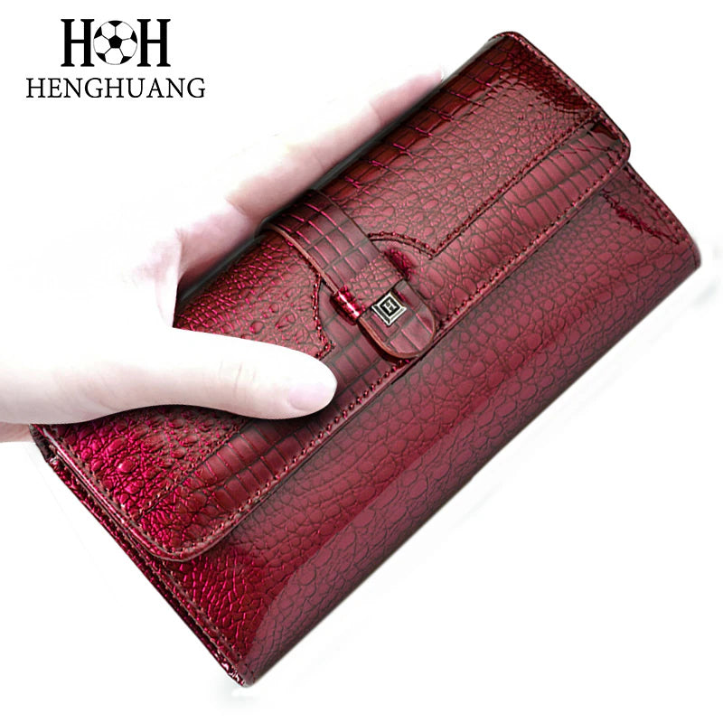 Women Long Wallet Genuine Leather Wallets Red Aligator Pattern Cowhide Purse Three Fold Large Capacity Clutch Wallet Luxury