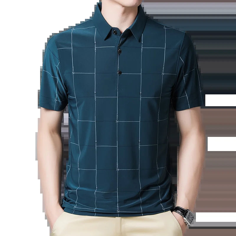 New Graphic T-Shirt Men Summer Business Short Sleeved T-Shirt Casual Loose Plaid Turn-Down Collar T Shirts for Men