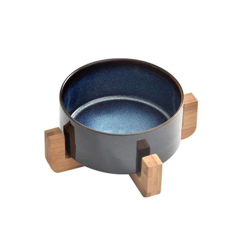 Double Cat Bowl Starry Ceramic Dog Food and Water Bowls Kitten Puppy Feeder with Wood Stand Durable Safe round Pet Feeding Bowl