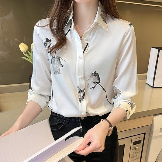 Korean Silk Women Shirts Woman Satin Floral Blouses Shirt OL Silk Print Shirts Ladies Tops 2022 Fashion Satin Women Clothing