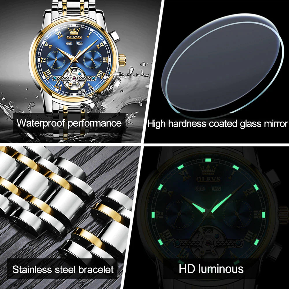 OLEVS Men'S Watches Automatic Mechanical Business Wristwatch Waterproof Stainless Steel Strap Watch for Man Skeleton Calendar