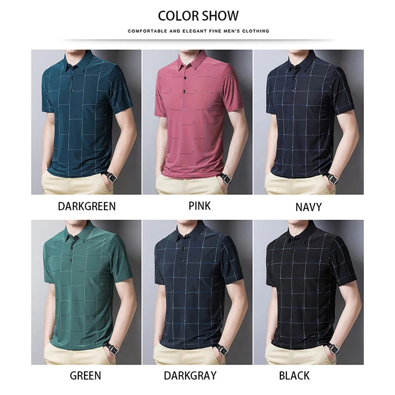 New Graphic T-Shirt Men Summer Business Short Sleeved T-Shirt Casual Loose Plaid Turn-Down Collar T Shirts for Men
