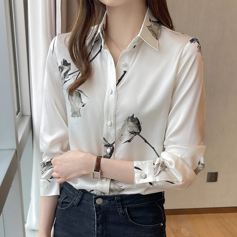 Korean Silk Women Shirts Woman Satin Floral Blouses Shirt OL Silk Print Shirts Ladies Tops 2022 Fashion Satin Women Clothing