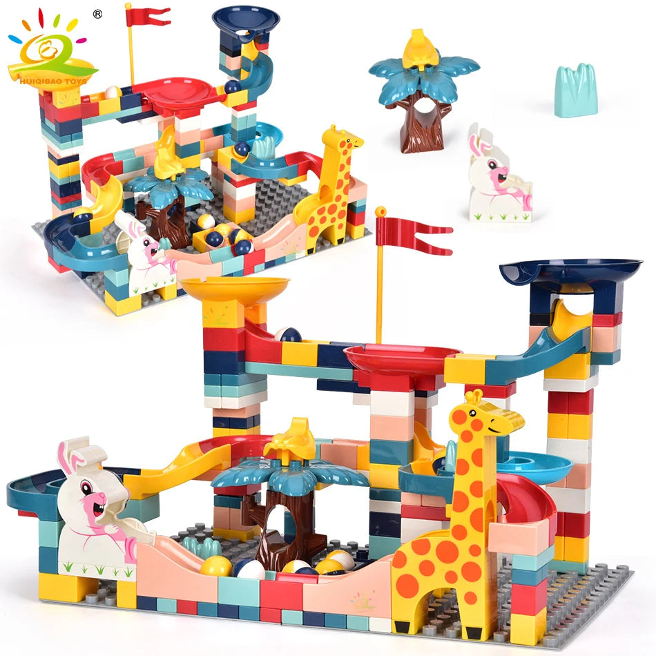 HUIQIBAO 104-201Pcs Marble Race Run DIY Maze Balls Building Blocks Funnel Slide Big Size Bricks Educational Baby Toys Children