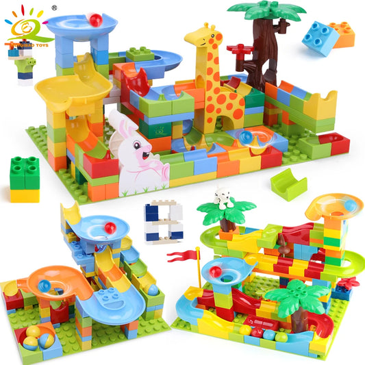 HUIQIBAO 104-201Pcs Marble Race Run DIY Maze Balls Building Blocks Funnel Slide Big Size Bricks Educational Baby Toys Children