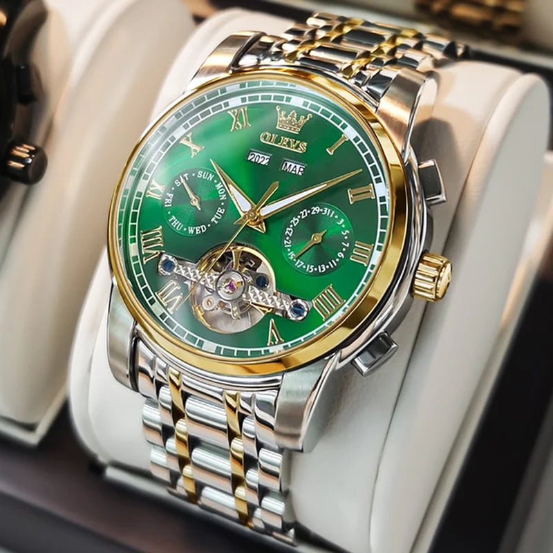 OLEVS Men'S Watches Automatic Mechanical Business Wristwatch Waterproof Stainless Steel Strap Watch for Man Skeleton Calendar