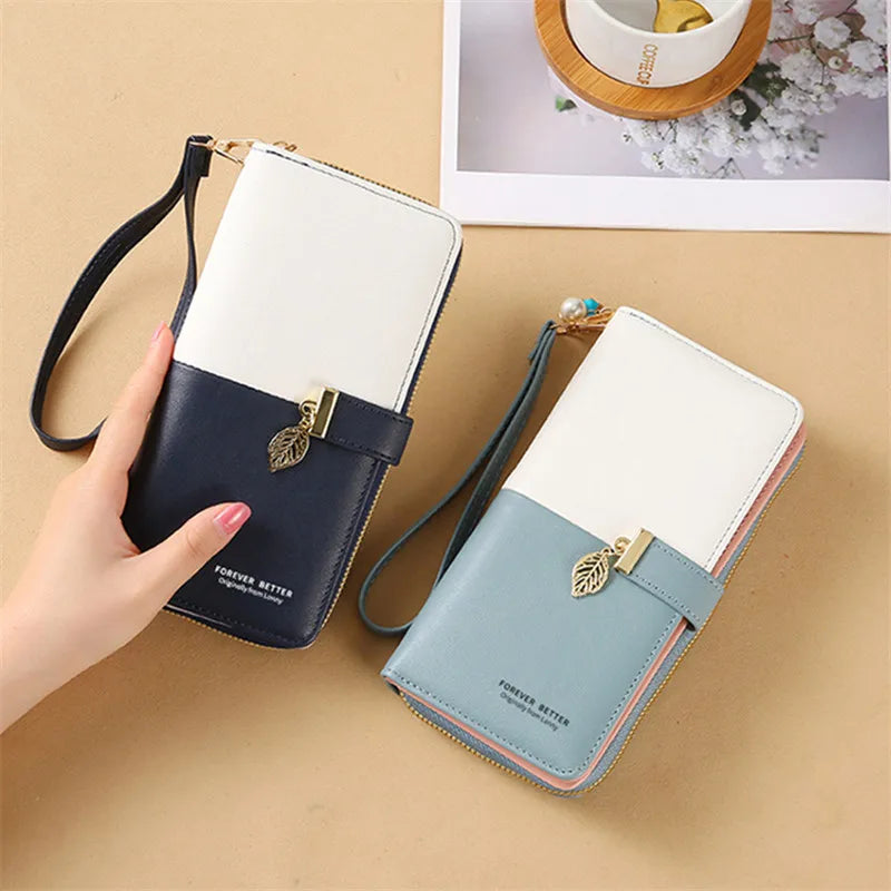 Fashion PU Leather Women Long Zipper Wallets Large Capacity Female Coin Money Purses Bag ID Card Holder Leaf Pendant Hasp Clutch
