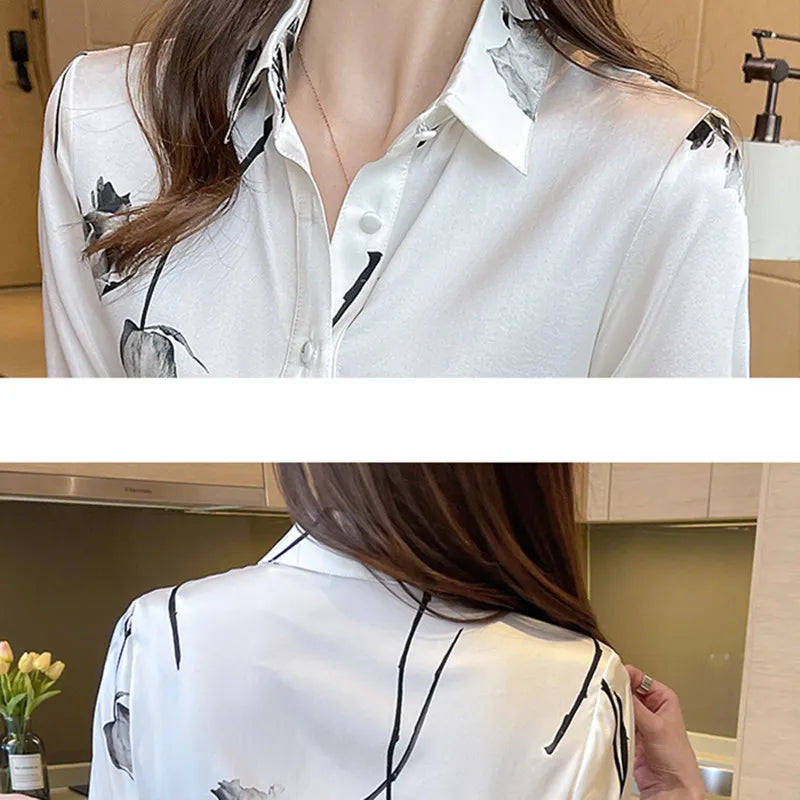 Korean Silk Women Shirts Woman Satin Floral Blouses Shirt OL Silk Print Shirts Ladies Tops 2022 Fashion Satin Women Clothing