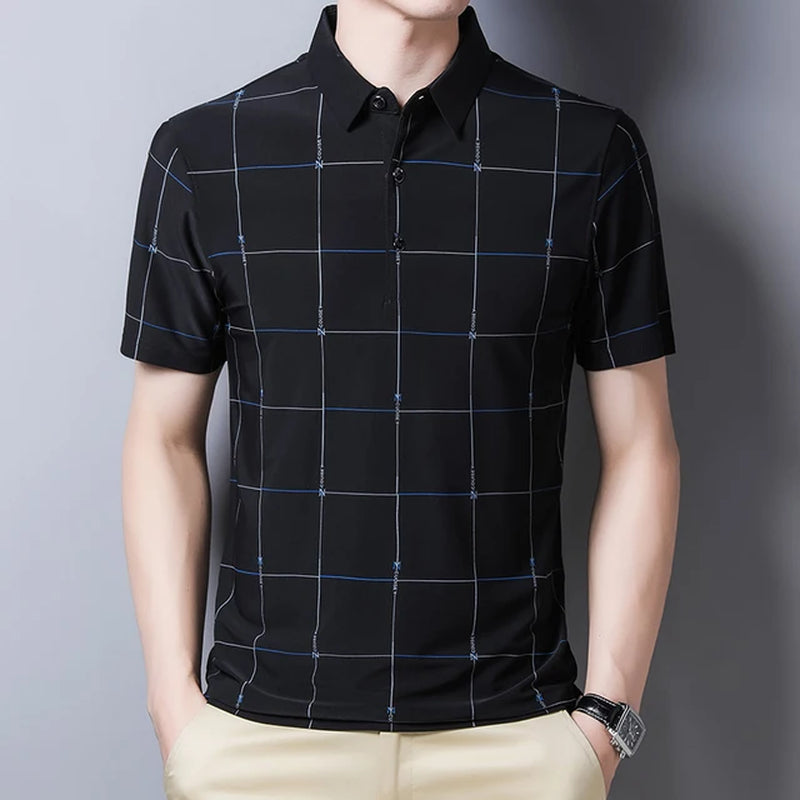 New Graphic T-Shirt Men Summer Business Short Sleeved T-Shirt Casual Loose Plaid Turn-Down Collar T Shirts for Men