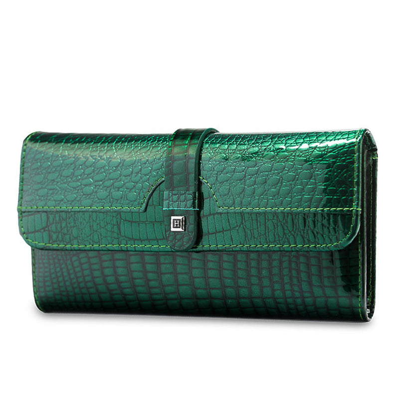 Women Long Wallet Genuine Leather Wallets Red Aligator Pattern Cowhide Purse Three Fold Large Capacity Clutch Wallet Luxury