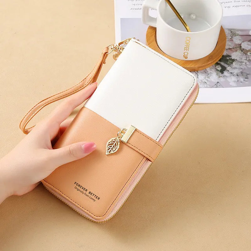 Fashion PU Leather Women Long Zipper Wallets Large Capacity Female Coin Money Purses Bag ID Card Holder Leaf Pendant Hasp Clutch