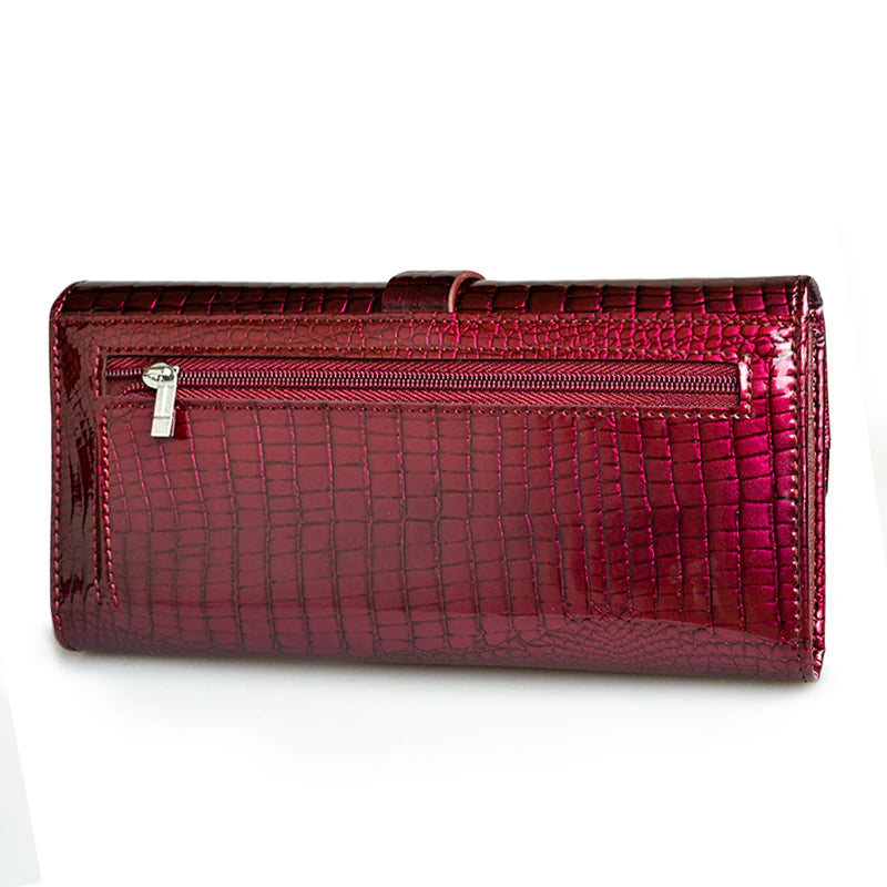 Women Long Wallet Genuine Leather Wallets Red Aligator Pattern Cowhide Purse Three Fold Large Capacity Clutch Wallet Luxury