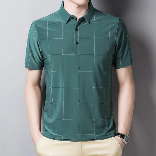 New Graphic T-Shirt Men Summer Business Short Sleeved T-Shirt Casual Loose Plaid Turn-Down Collar T Shirts for Men