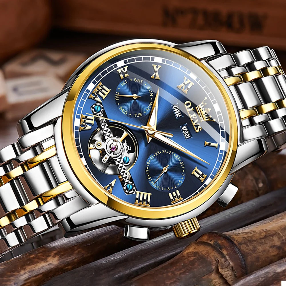 OLEVS Men'S Watches Automatic Mechanical Business Wristwatch Waterproof Stainless Steel Strap Watch for Man Skeleton Calendar