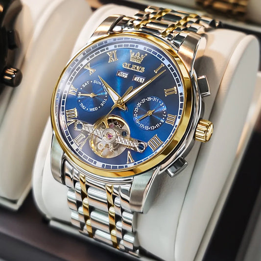 OLEVS Men'S Watches Automatic Mechanical Business Wristwatch Waterproof Stainless Steel Strap Watch for Man Skeleton Calendar