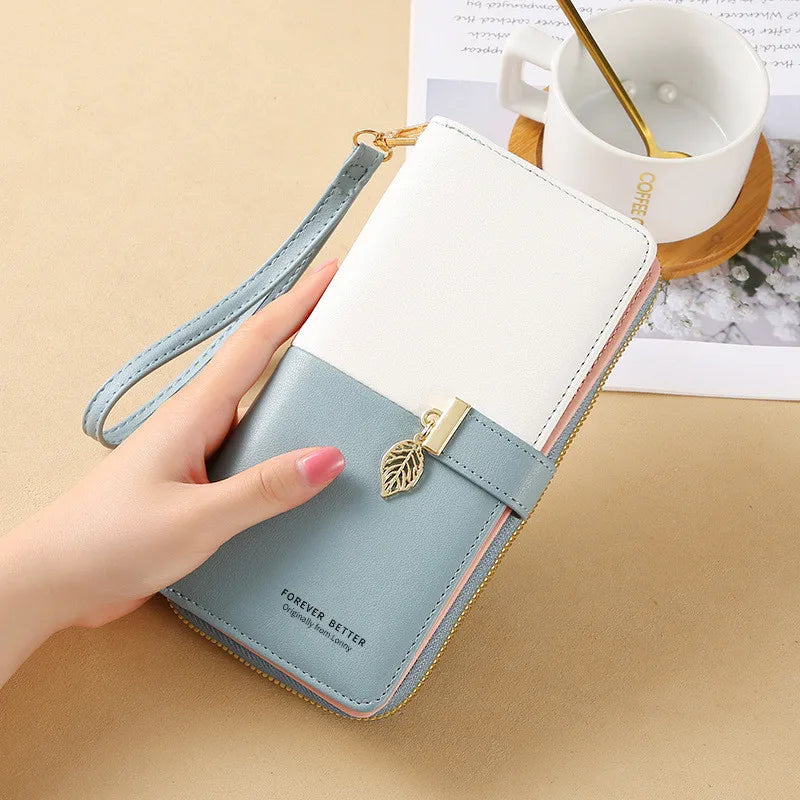 Fashion PU Leather Women Long Zipper Wallets Large Capacity Female Coin Money Purses Bag ID Card Holder Leaf Pendant Hasp Clutch