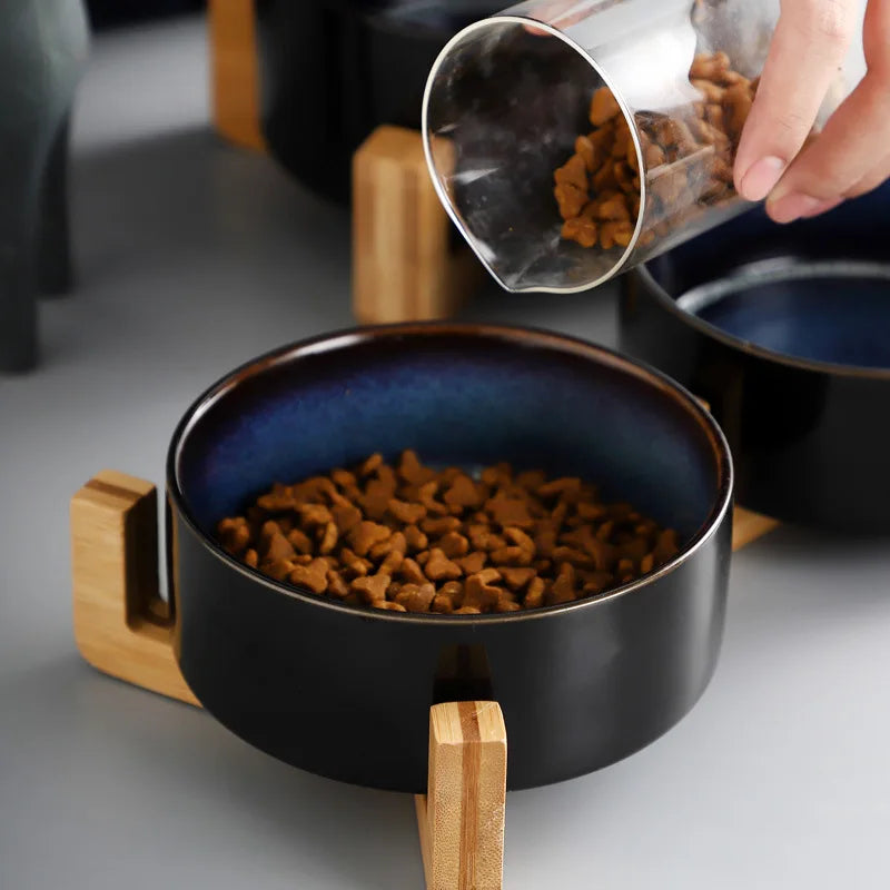 Double Cat Bowl Starry Ceramic Dog Food and Water Bowls Kitten Puppy Feeder with Wood Stand Durable Safe round Pet Feeding Bowl