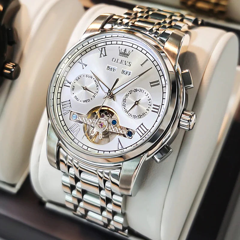 OLEVS Men'S Watches Automatic Mechanical Business Wristwatch Waterproof Stainless Steel Strap Watch for Man Skeleton Calendar