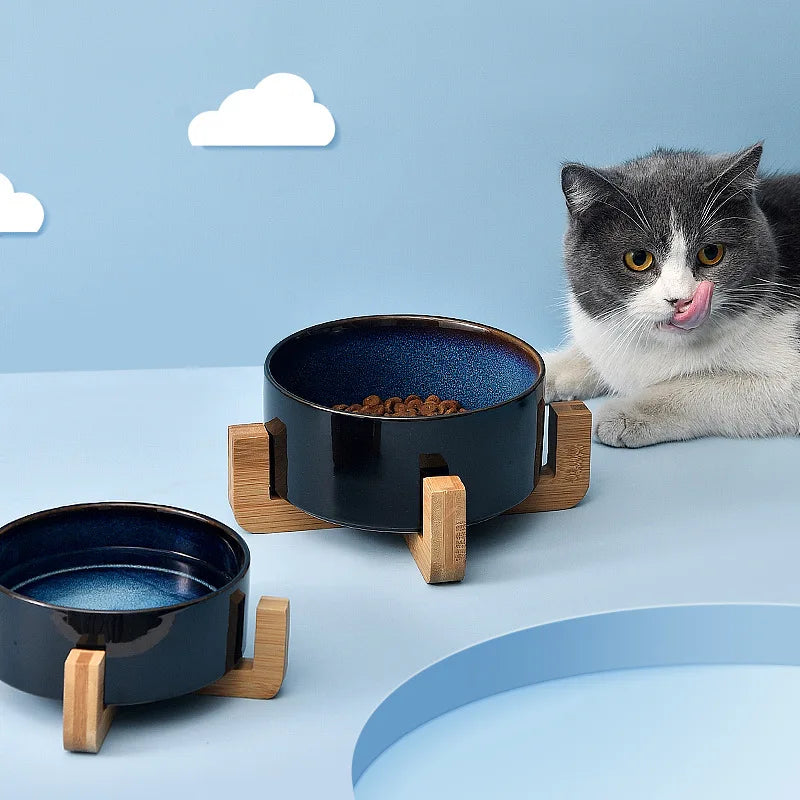 Double Cat Bowl Starry Ceramic Dog Food and Water Bowls Kitten Puppy Feeder with Wood Stand Durable Safe round Pet Feeding Bowl