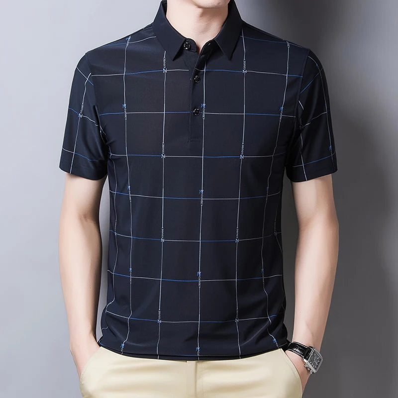 New Graphic T-Shirt Men Summer Business Short Sleeved T-Shirt Casual Loose Plaid Turn-Down Collar T Shirts for Men