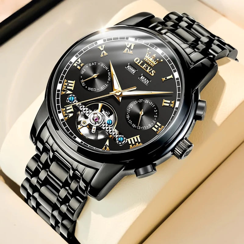 OLEVS Men'S Watches Automatic Mechanical Business Wristwatch Waterproof Stainless Steel Strap Watch for Man Skeleton Calendar