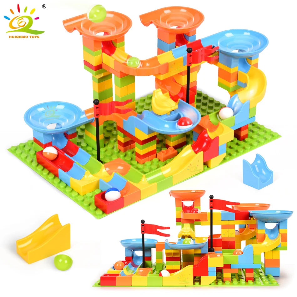 HUIQIBAO 104-201Pcs Marble Race Run DIY Maze Balls Building Blocks Funnel Slide Big Size Bricks Educational Baby Toys Children