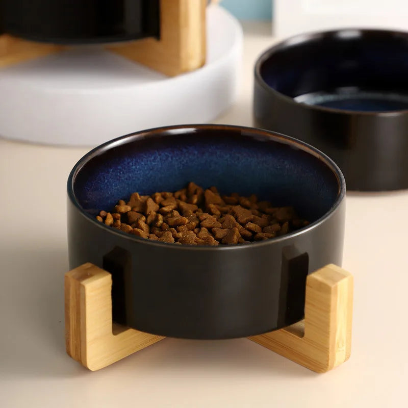 Double Cat Bowl Starry Ceramic Dog Food and Water Bowls Kitten Puppy Feeder with Wood Stand Durable Safe round Pet Feeding Bowl