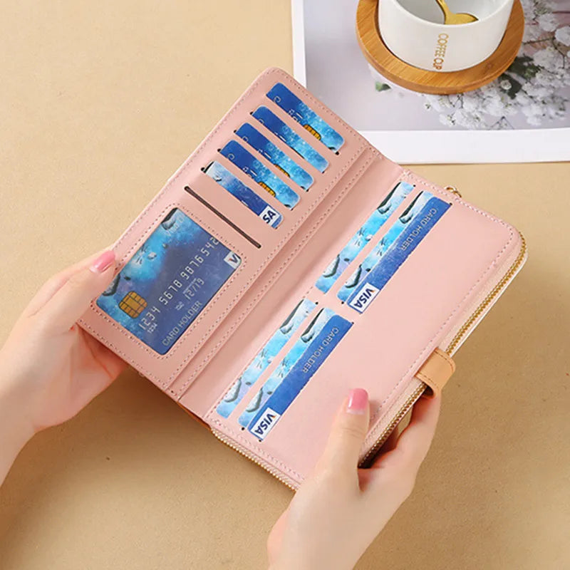 Fashion PU Leather Women Long Zipper Wallets Large Capacity Female Coin Money Purses Bag ID Card Holder Leaf Pendant Hasp Clutch