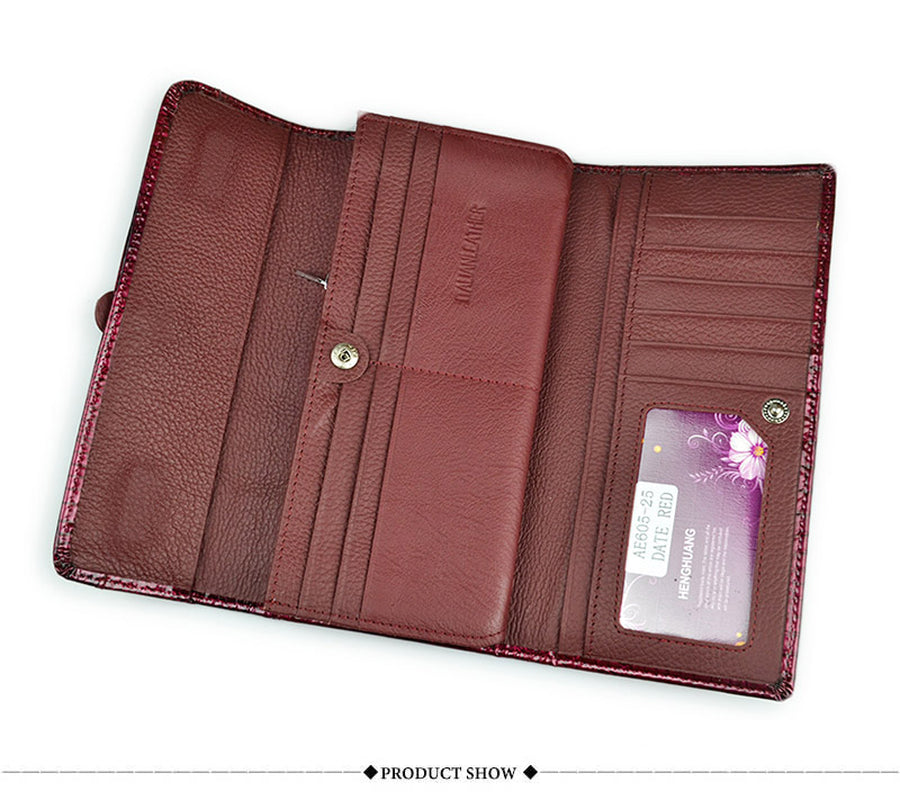 Women Long Wallet Genuine Leather Wallets Red Aligator Pattern Cowhide Purse Three Fold Large Capacity Clutch Wallet Luxury