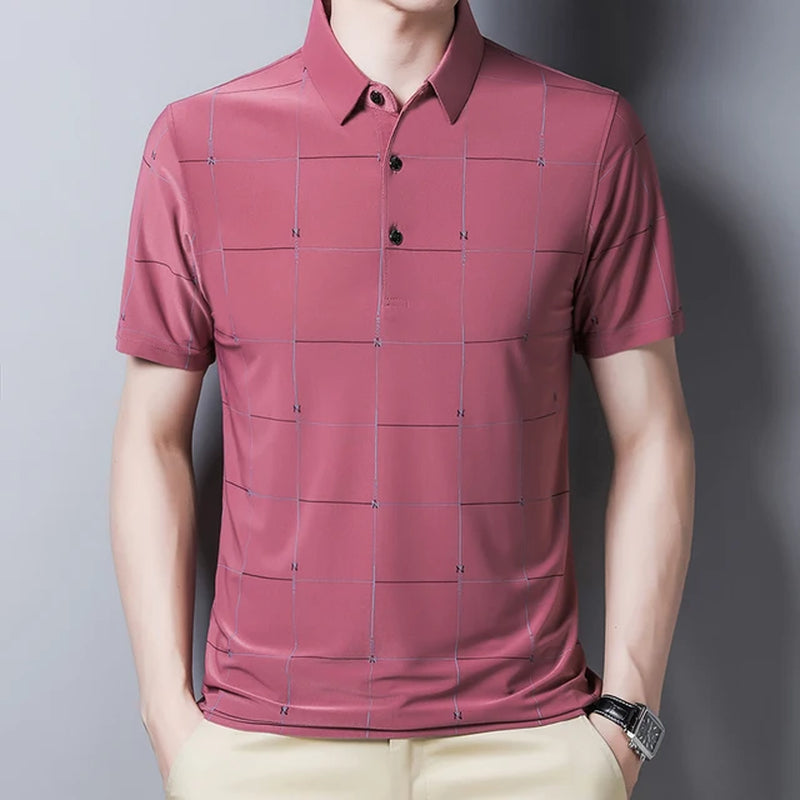 New Graphic T-Shirt Men Summer Business Short Sleeved T-Shirt Casual Loose Plaid Turn-Down Collar T Shirts for Men