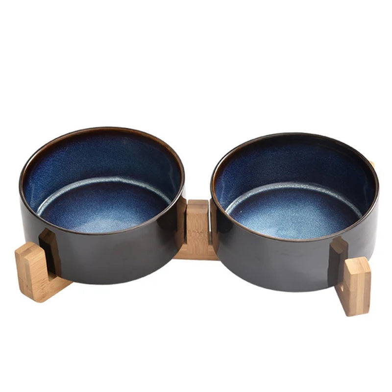 Double Cat Bowl Starry Ceramic Dog Food and Water Bowls Kitten Puppy Feeder with Wood Stand Durable Safe round Pet Feeding Bowl