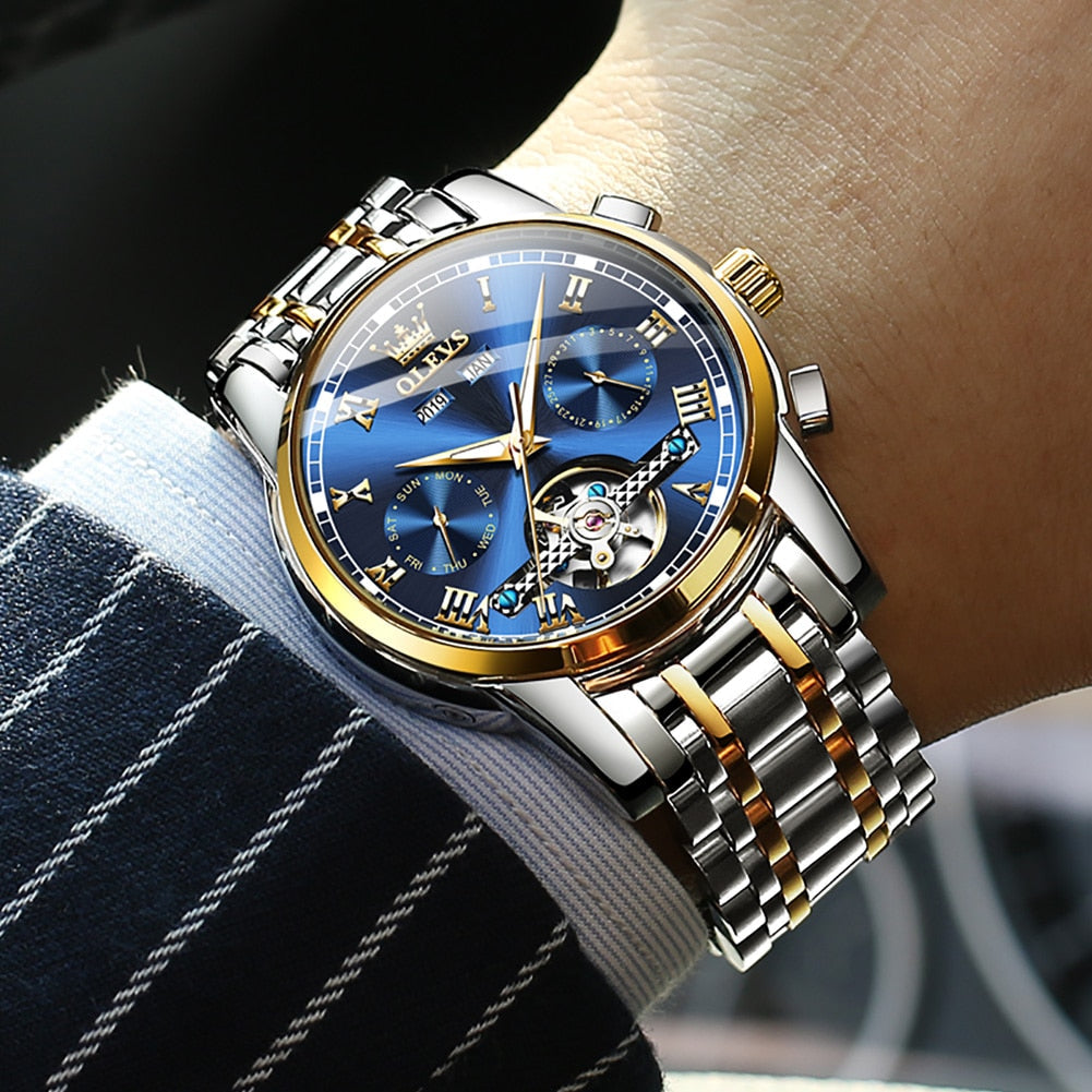 OLEVS Men'S Watches Automatic Mechanical Business Wristwatch Waterproof Stainless Steel Strap Watch for Man Skeleton Calendar