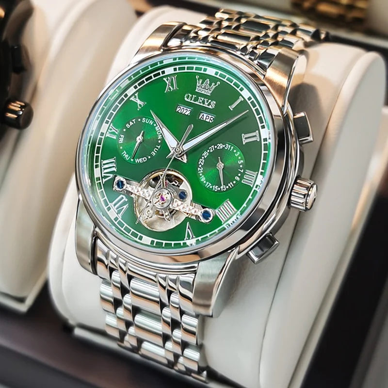 OLEVS Men'S Watches Automatic Mechanical Business Wristwatch Waterproof Stainless Steel Strap Watch for Man Skeleton Calendar