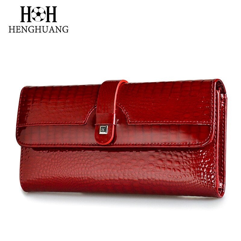 Women Long Wallet Genuine Leather Wallets Red Aligator Pattern Cowhide Purse Three Fold Large Capacity Clutch Wallet Luxury