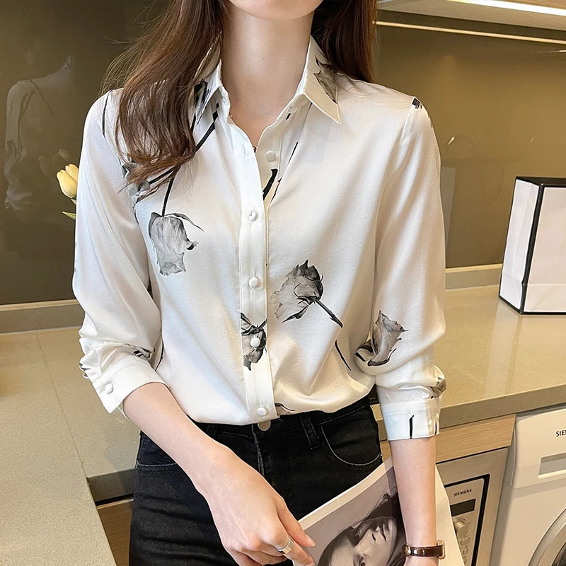 Korean Silk Women Shirts Woman Satin Floral Blouses Shirt OL Silk Print Shirts Ladies Tops 2022 Fashion Satin Women Clothing