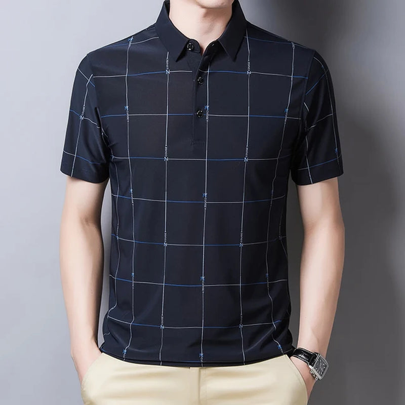 New Graphic T-Shirt Men Summer Business Short Sleeved T-Shirt Casual Loose Plaid Turn-Down Collar T Shirts for Men