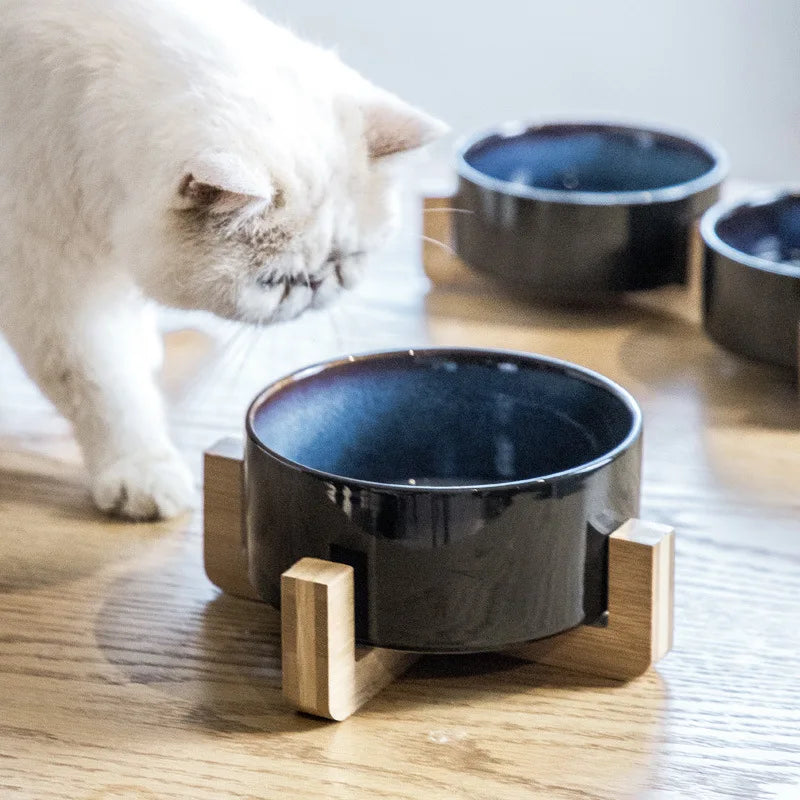 Double Cat Bowl Starry Ceramic Dog Food and Water Bowls Kitten Puppy Feeder with Wood Stand Durable Safe round Pet Feeding Bowl