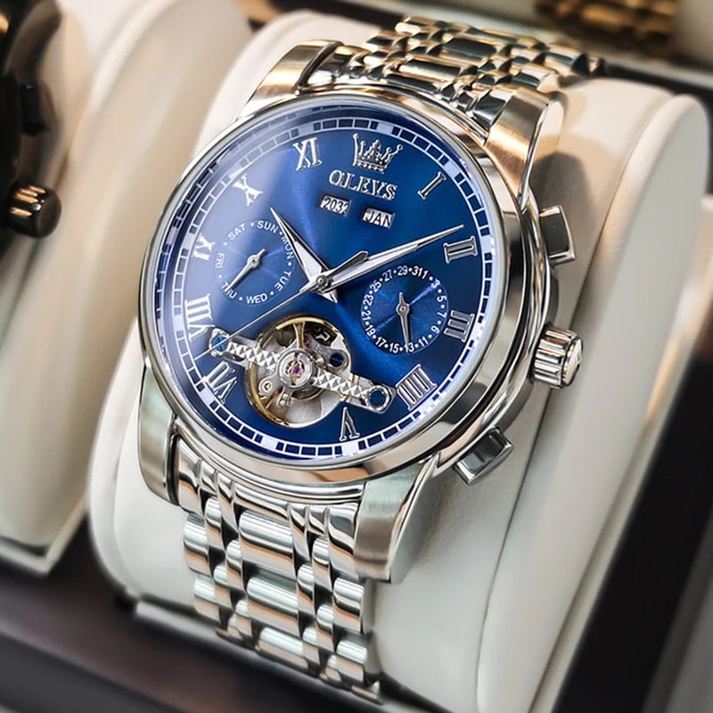 OLEVS Men'S Watches Automatic Mechanical Business Wristwatch Waterproof Stainless Steel Strap Watch for Man Skeleton Calendar