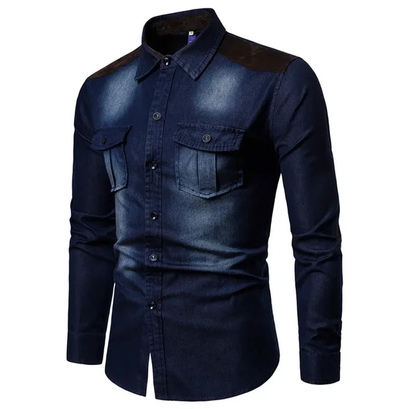 Denim Shirt Men 2018 Long Sleeve Men Casual Cotton Jeans Shirt Slim Suede Matching Mens Solid Pocket Shirts Tops Chemise Homme